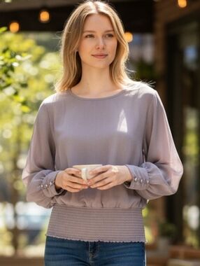 Iz Byer Charcoal Grey Long Sleeve Smocked-Hem Blouse